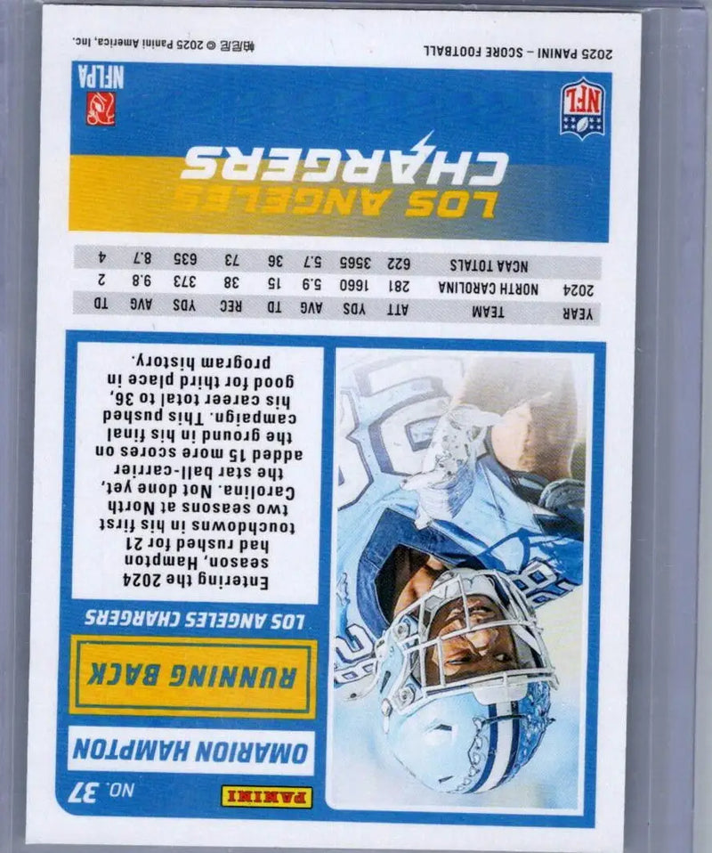 2025 Score Omarion Hampton football card showcasing Omarion Hampton’s collectible sports card