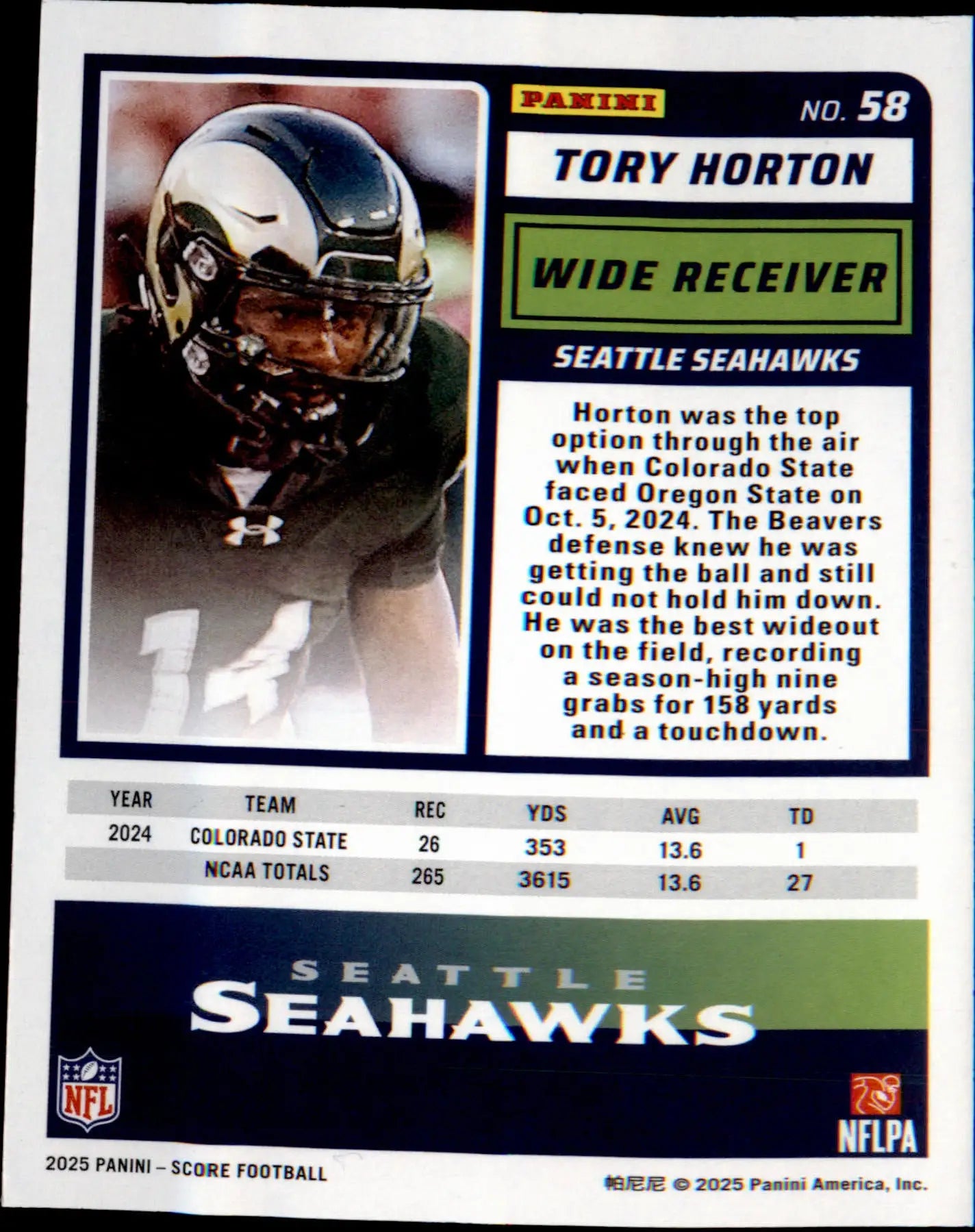 2025 Score #58 Tory Horton Rookie Rookie - Football Card Single