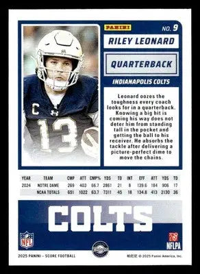 2025 Score #9 Riley Leonard RC Indianapolis Colts - Football Card Single