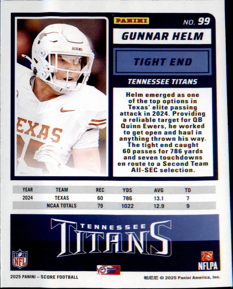 2025 Score #99 Gunnar Helm Rookie Rookie - Football Card Single