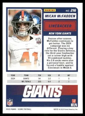 2025 Score A Treat Micah McFadden #216 Football - Football Card Single
