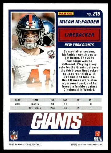 2025 Score Trick or Treat Pumpkin #216 Micah McFadden NM-MT NY Giants ID:80124 - Football Card Single