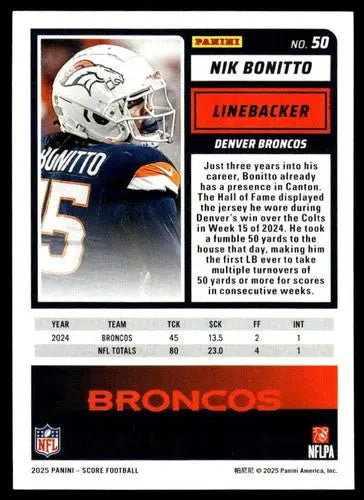 2025 Score Trick or Treat Pumpkin #50 Nik Bonitto NM-MT Broncos ID:80081 - Football Card Single