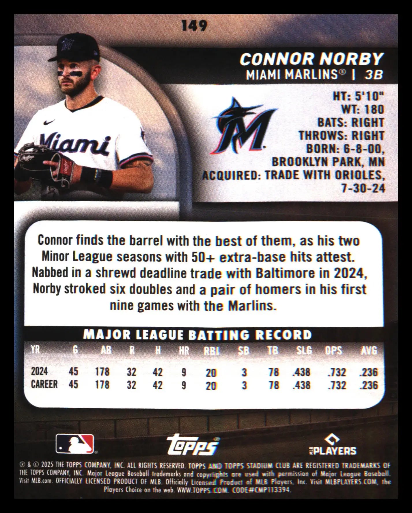 2025 Stadium Club #149 Connor Norby Rookie Rookie - Baseball Card Single