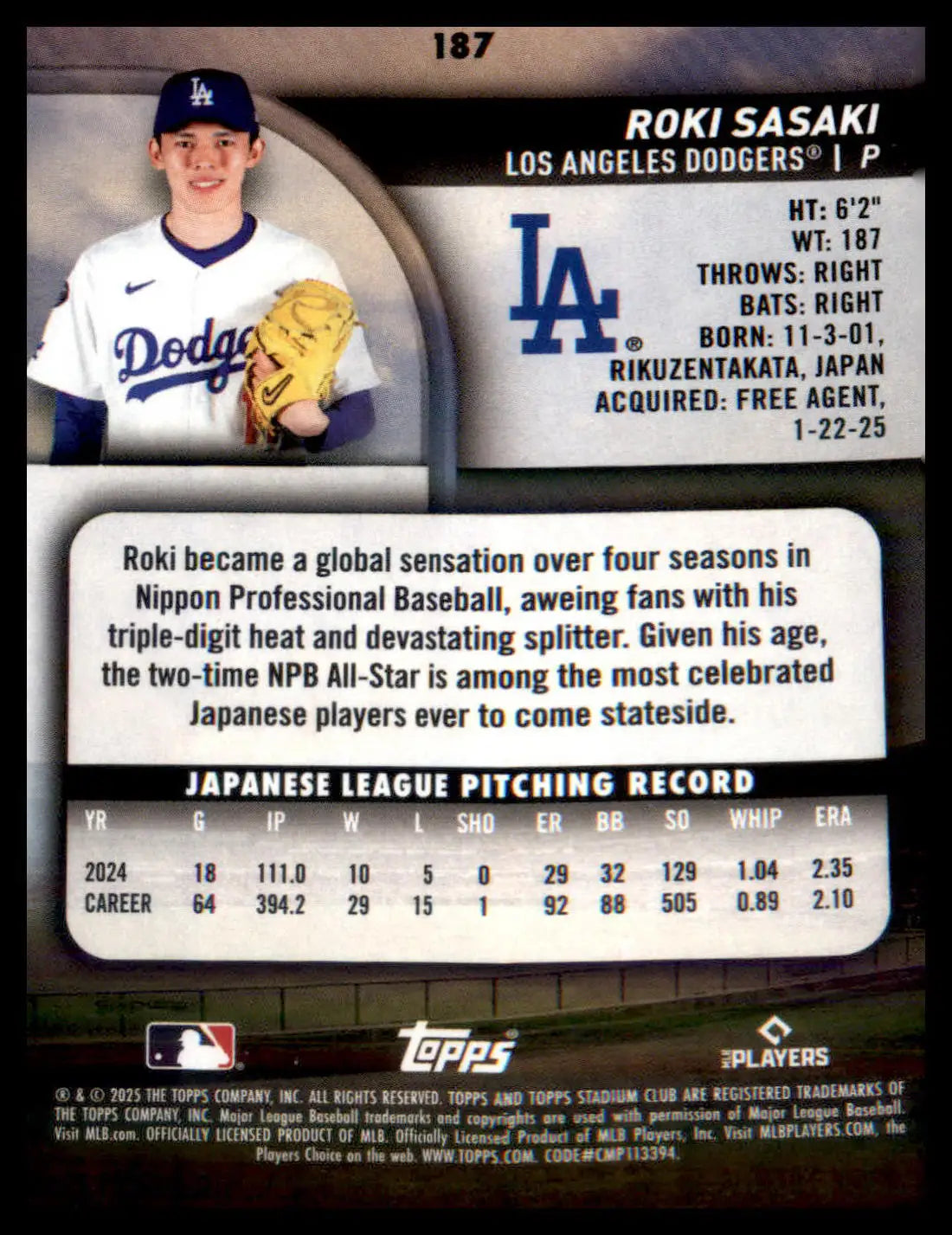 2025 Stadium Club #187 Roki Sasaki RC RC - Baseball Card Single