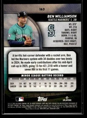 2025 Stadium Club Ben Williamson #163 RC Seattle Mariners - Baseball Card Single