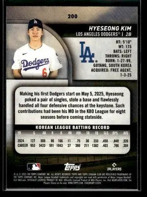 2025 Stadium Club Hyeseong Kim #200 RC Los Angeles Dodgers - Baseball Card Single