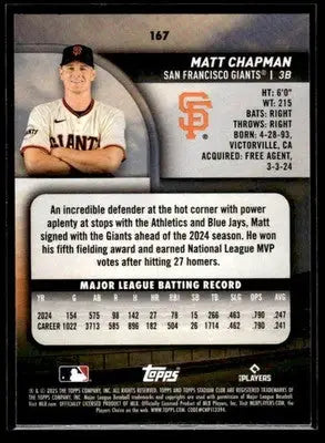 2025 Stadium Club Matt Chapman #167 San Francisco Giants - Baseball Card Single