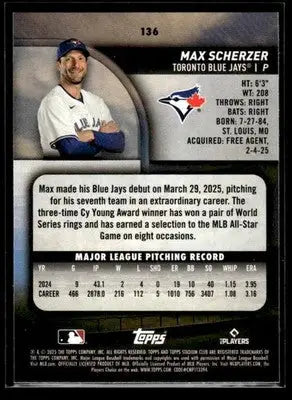 2025 Stadium Club Max Scherzer #136 Red Foil Toronto Blue Jays - Baseball Card Single