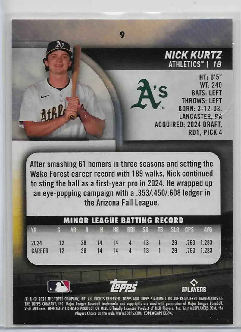 2025 Stadium Club Nick Kurtz RC # 9 - Baseball Card Single