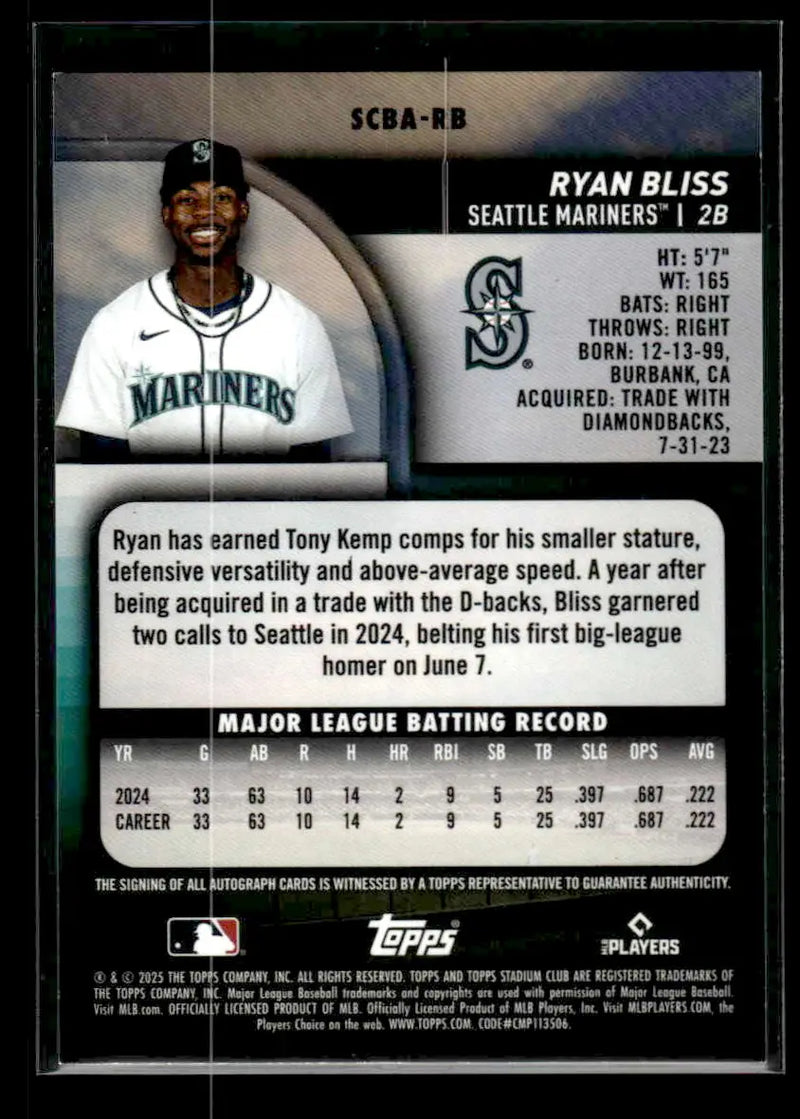 2025 Stadium Club Ryan Bliss #SCBA-RB Base Autographs AU Seattle Mariners - Baseball Card Single