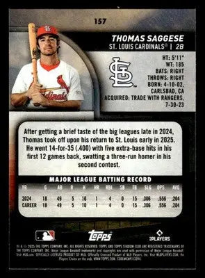 2025 Stadium Club Thomas Saggese #157 RC St. Louis Cardinals - Baseball Card Single