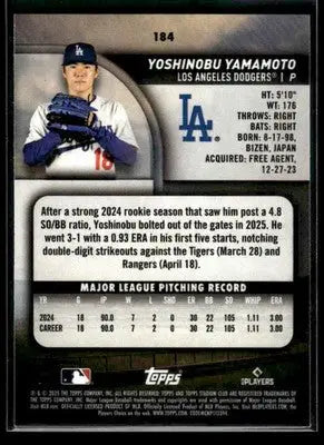 2025 Stadium Club Yoshinobu Yamamoto #184 Los Angeles Dodgers - Baseball Card Single