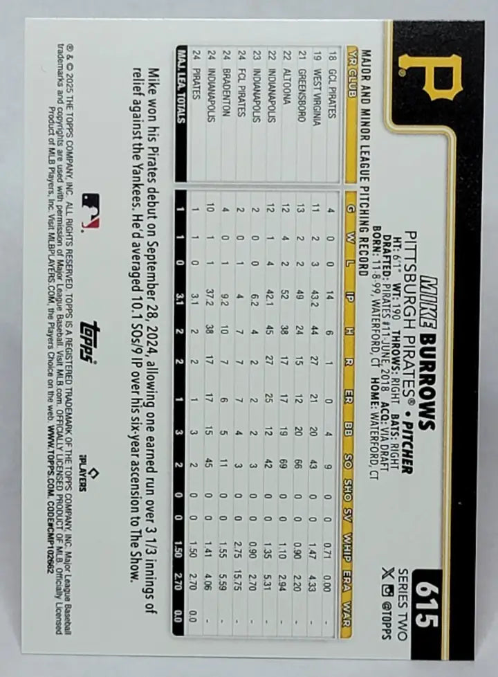 Mike Burrows baseball card from 2025 Topps Series 2 with Diamonte Foil finish