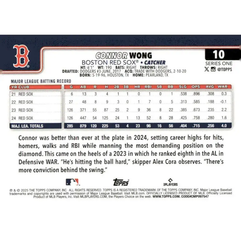 2025 Topps #10 Connor Wong NM-MT Boston Red Sox Baseball Card - Baseball Card Single