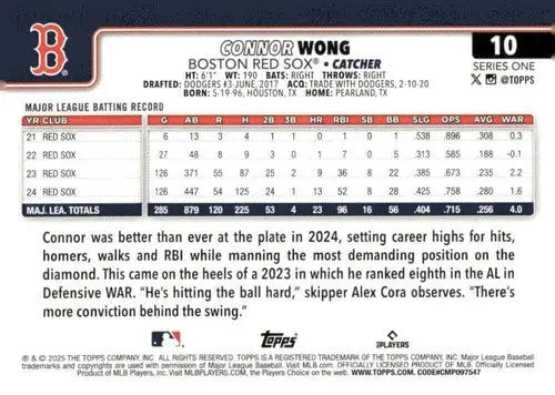 Back of 2025 Topps Connor Wong Red Sox baseball trading card with original gloss