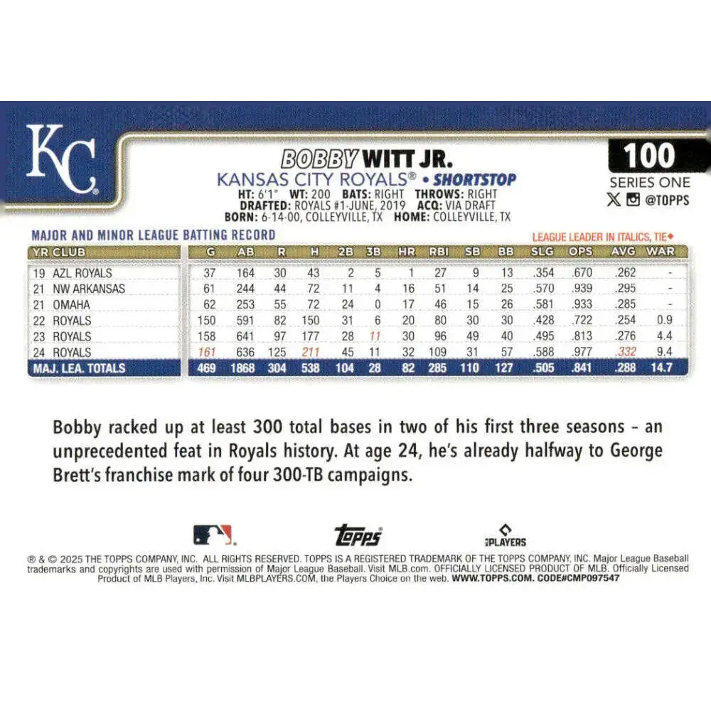 2025 Topps #100 Bobby Witt Jr. NM-MT Kansas City Royals Baseball Card - Baseball Card Single