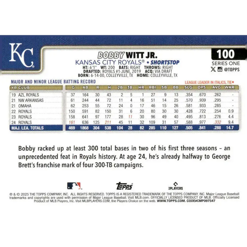2025 Topps #100 Bobby Witt Jr. NM-MT Kansas City Royals Baseball Card - Baseball Card Single
