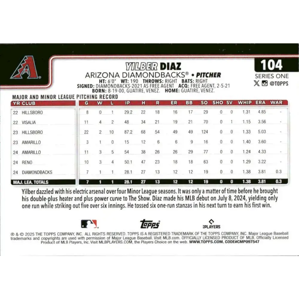 2025 Topps #104 Yilber Diaz NM-MT RC Rookie Arizona Diamondbacks Baseball Card - Baseball Card Single