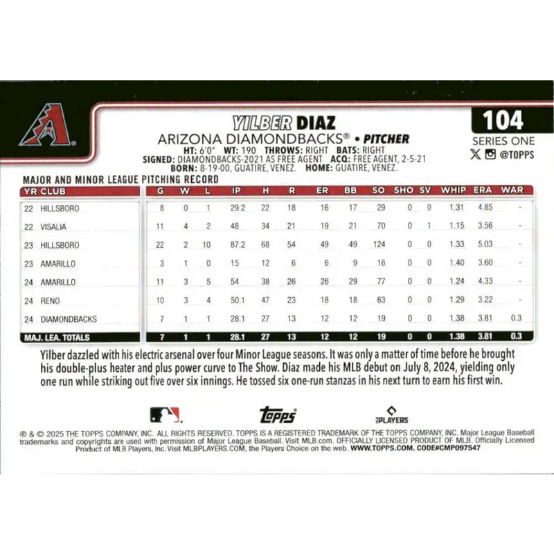 2025 Topps #104 Yilber Diaz NM-MT RC Rookie Arizona Diamondbacks Baseball Card - Baseball Card Single