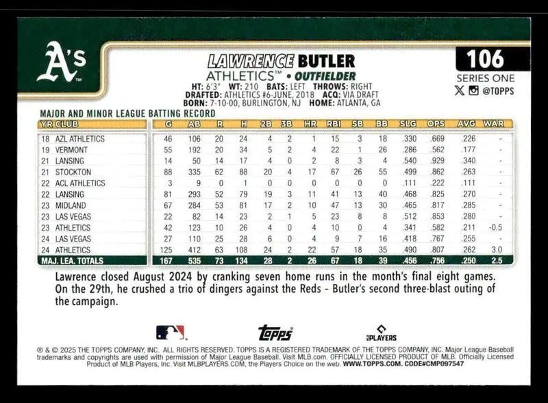 2025 Topps #106 Lawrence Butler - Baseball Card Single