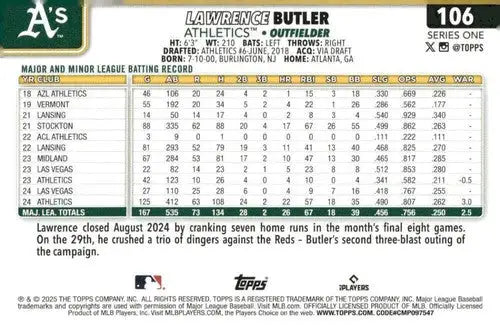 2025 Topps #106 Lawrence Butler NM-MT Athletics - Baseball Card Single