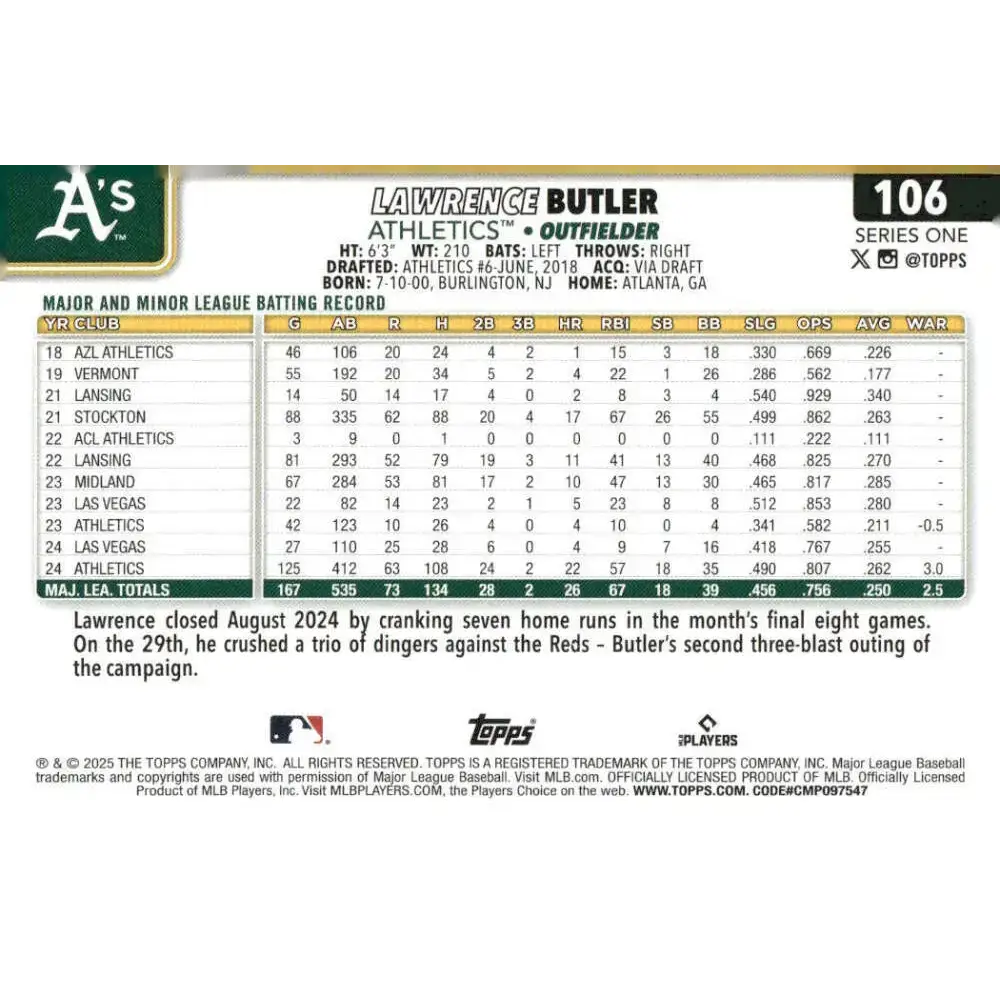 2025 Topps #106 Lawrence Butler NM-MT Oakland Athletics Baseball Card - Baseball Card Single