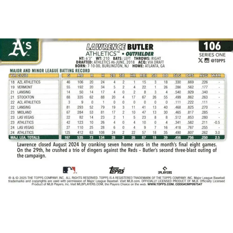 2025 Topps #106 Lawrence Butler NM-MT Oakland Athletics Baseball Card - Baseball Card Single