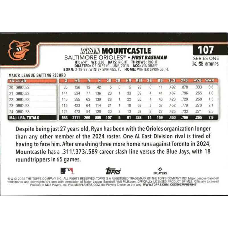 2025 Topps #107 Ryan Mountcastle NM-MT Baltimore Orioles Baseball Card - Baseball Card Single