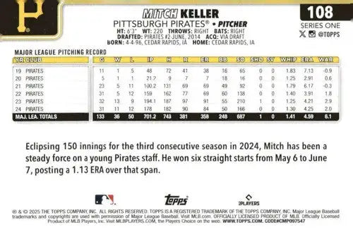 2025 Topps #108 Mitch Keller NM-MT Pirates ID:77225 - Baseball Card Single