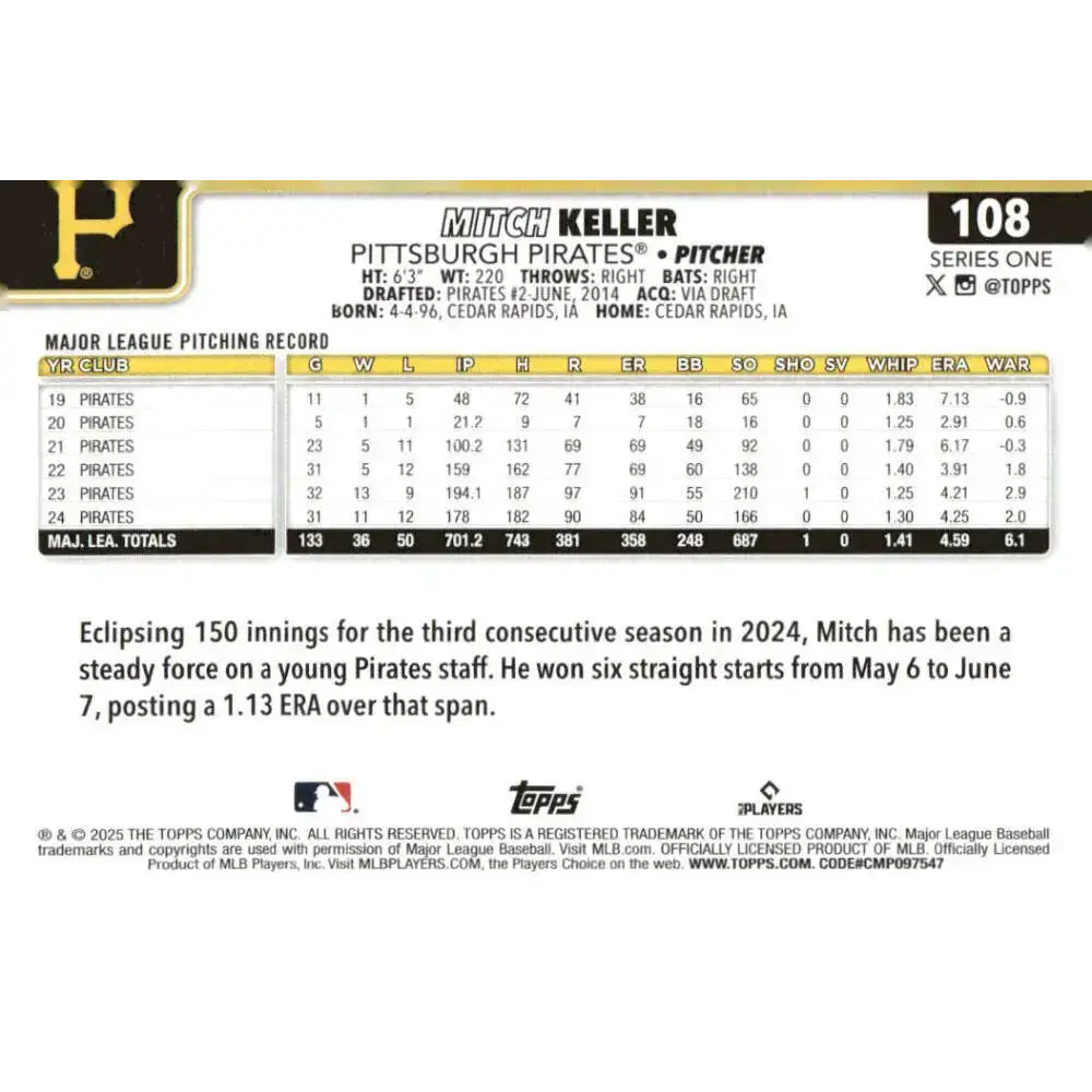 2025 Topps #108 Mitch Keller NM-MT Pittsburgh Pirates Baseball Card - Baseball Card Single