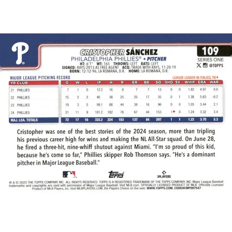 2025 Topps #109 Cristopher Sanchez NM-MT Philadelphia Phillies Baseball Card - Baseball Card Single