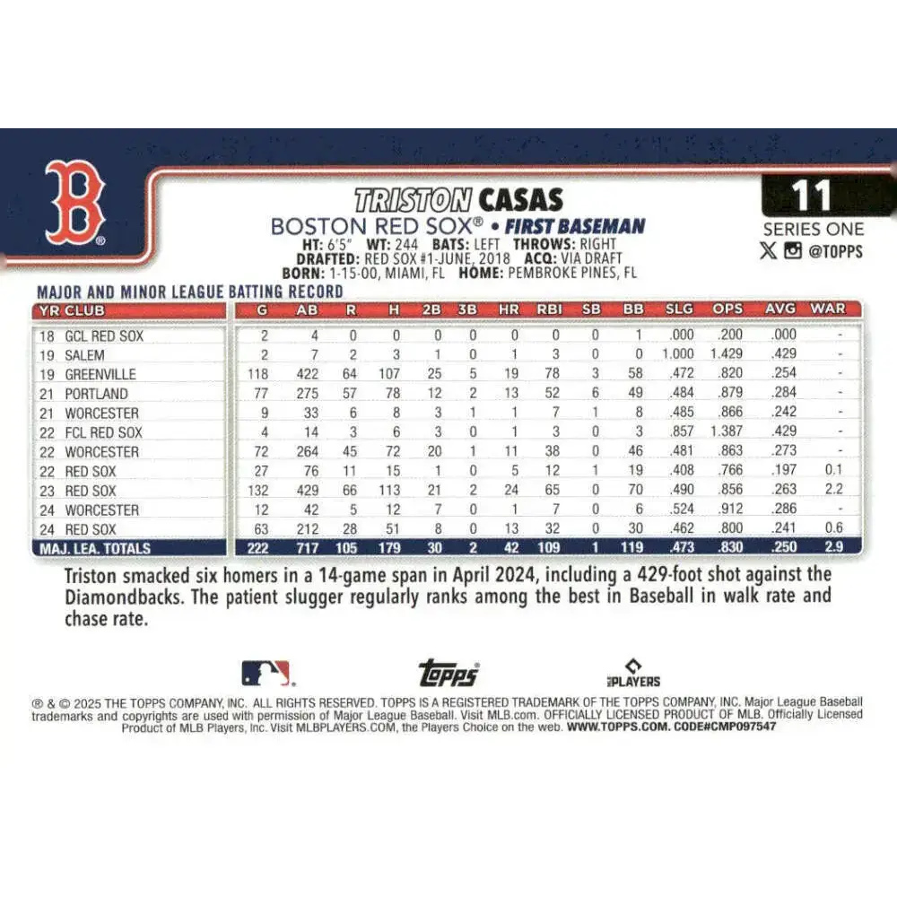 2025 Topps #11 Triston Casas NM-MT Boston Red Sox Baseball Card - Baseball Card Single