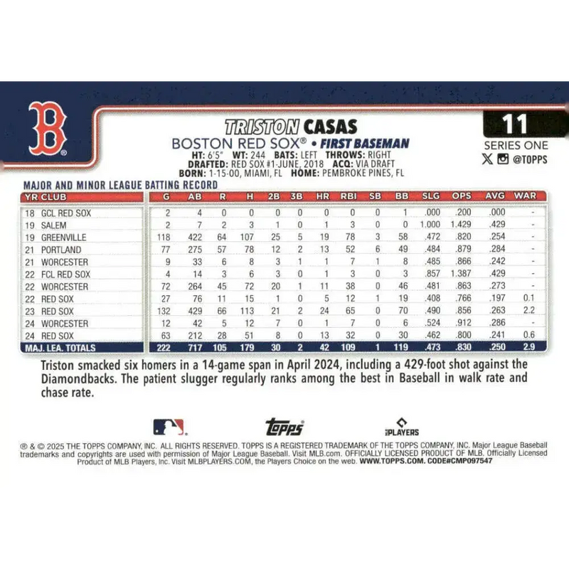 2025 Topps #11 Triston Casas NM-MT Boston Red Sox Baseball Card - Baseball Card Single