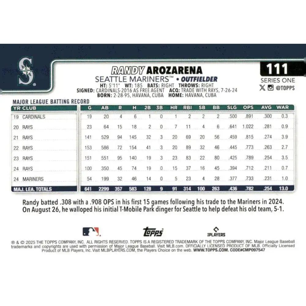 2025 Topps #111 Randy Arozarena NM-MT Seattle Mariners Baseball Card - Baseball Card Single