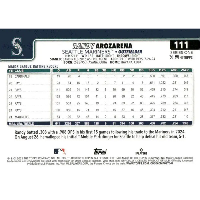 2025 Topps #111 Randy Arozarena NM-MT Seattle Mariners Baseball Card - Baseball Card Single