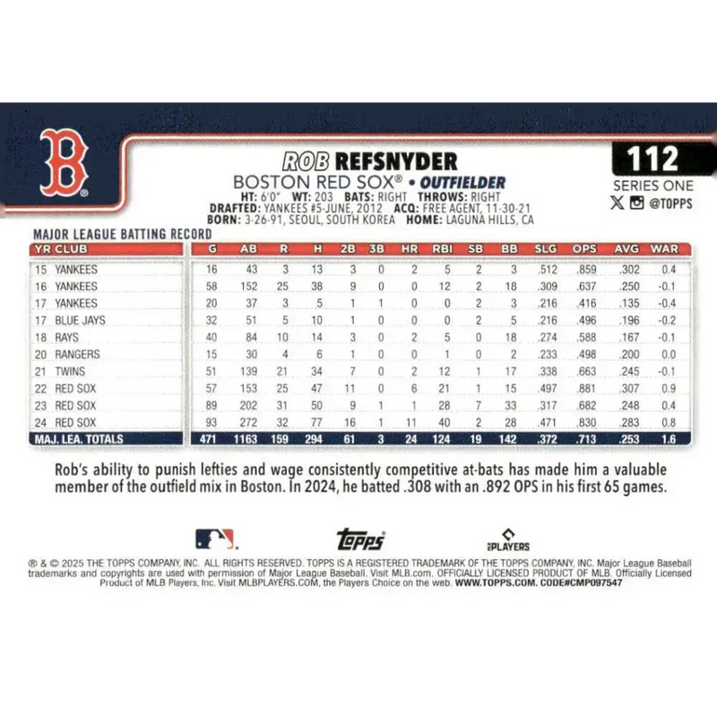 2025 Topps #112 Rob Refsnyder NM-MT Boston Red Sox Baseball Card - Baseball Card Single