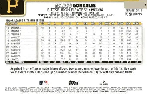 Baseball trading card featuring Marco Gonzales NM-MT from 2025 Topps Pirates