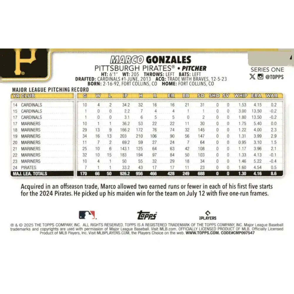 2025 Topps #113 Marco Gonzales NM-MT Pittsburgh Pirates Baseball Card - Baseball Card Single
