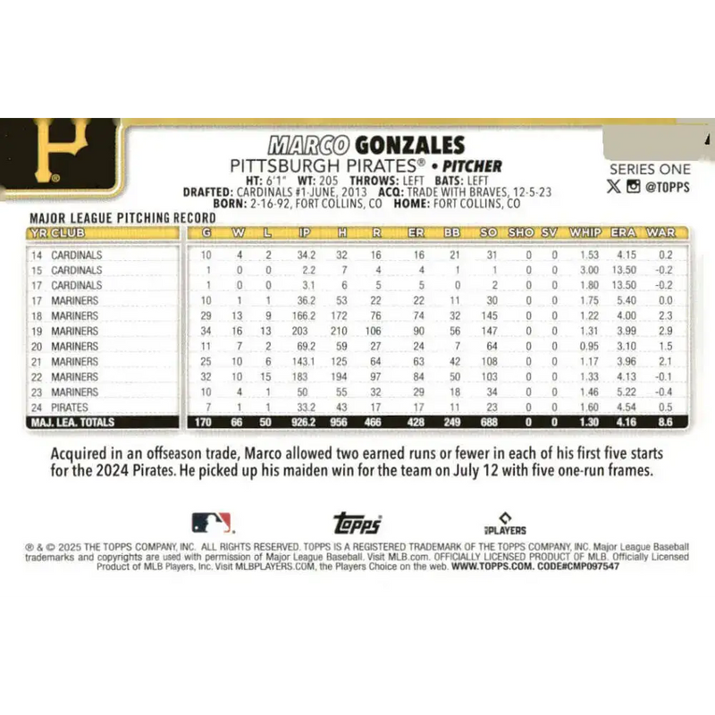 2025 Topps #113 Marco Gonzales NM-MT Pittsburgh Pirates Baseball Card - Baseball Card Single