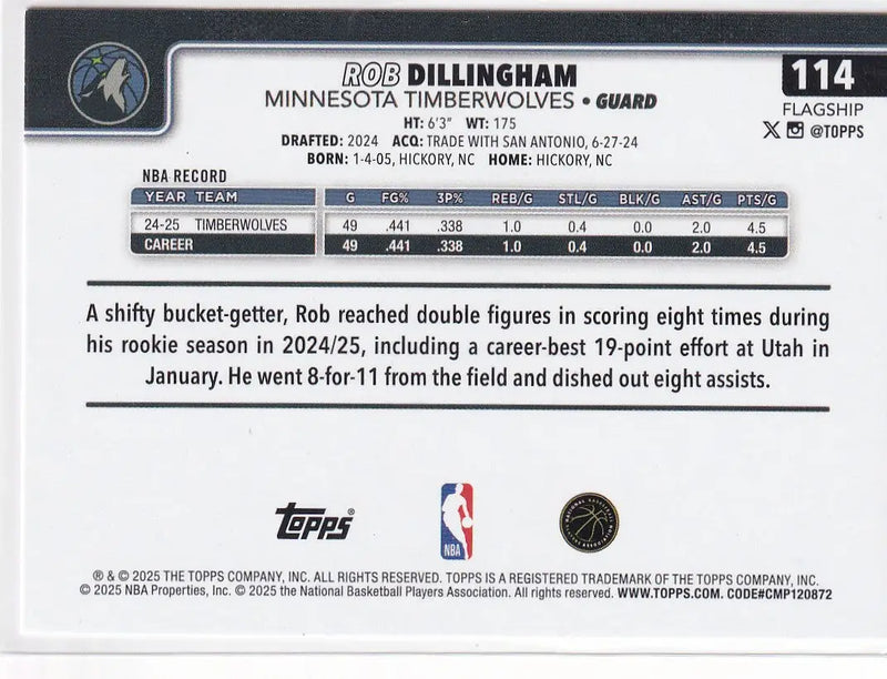 2025 TOPPS #114 ROB DILLINGHAM 1907/2025- MINESSOTA TIMBERWOLVES - Basketball Card Single