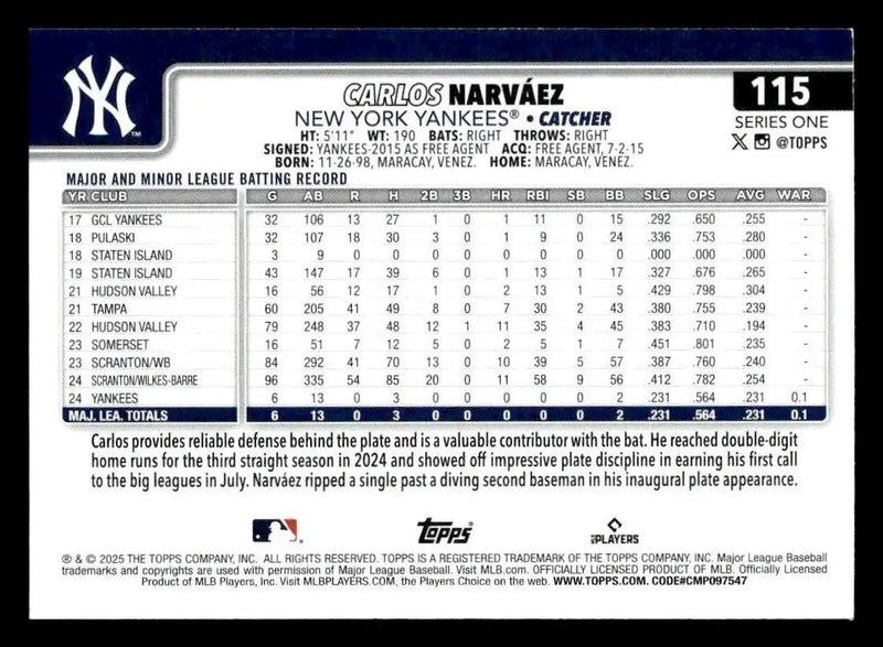 2025 Topps #115 Carlos Narvaez - Baseball Card Single