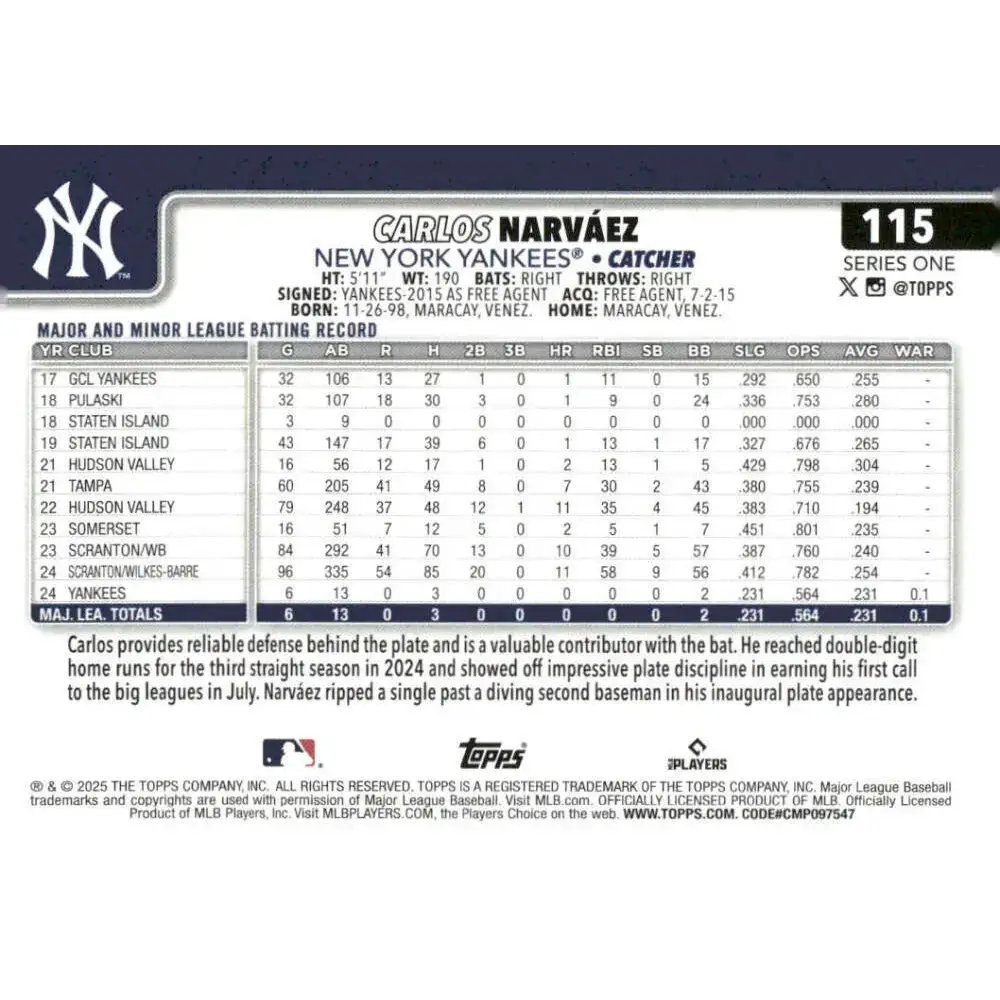 2025 Topps #115 Carlos Narvaez NM-MT RC Rookie New York Yankees Baseball Card - Baseball Card Single