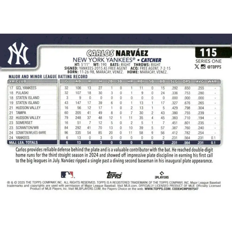 2025 Topps #115 Carlos Narvaez NM-MT RC Rookie New York Yankees Baseball Card - Baseball Card Single