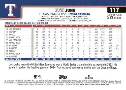 Original gloss 2025 Topps Josh Jung NM-MT baseball card Rangers ID 76947