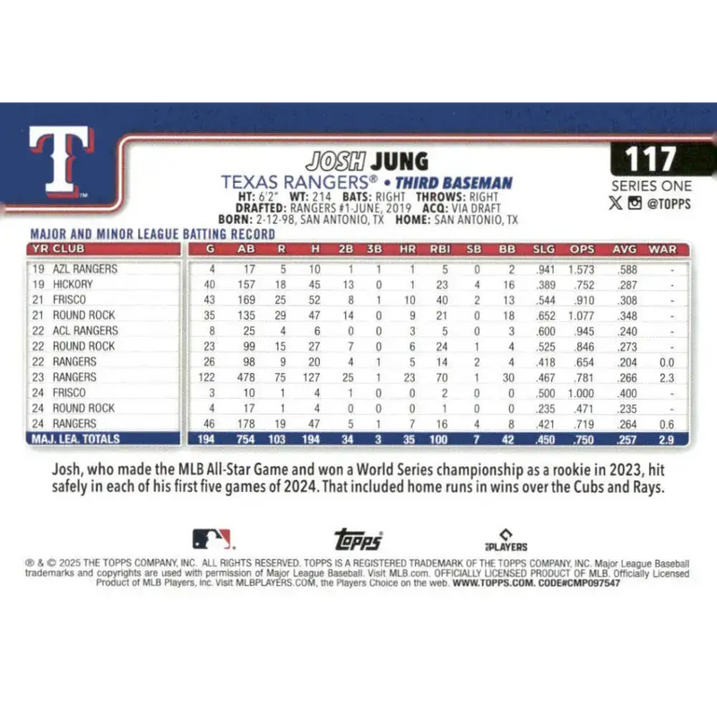2025 Topps #117 Josh Jung NM-MT Texas Rangers Baseball Card - Baseball Card Single
