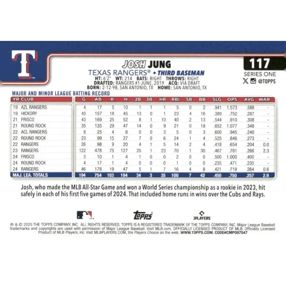 2025 Topps #117 Josh Jung NM-MT Texas Rangers Baseball Card - Baseball Card Single