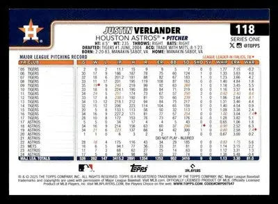 2025 Topps #118 Justin Verlander - Baseball Card Single