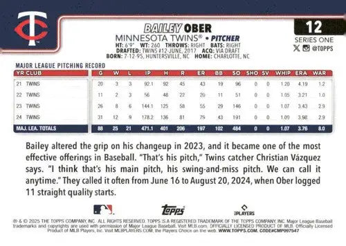 Original gloss baseball card of Bailey Ober NM-MT for Minnesota Twins 2025 Topps #12