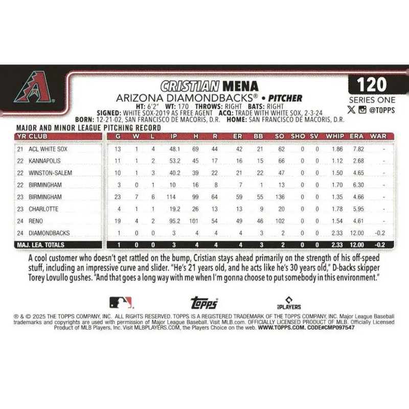 2025 Topps #120 Cristian Mena NM-MT RC Rookie Arizona Diamondbacks Baseball Card - Baseball Card Single